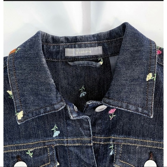 Liz Claiborne Womens Sz M Floral Embroidered Dark Blue Denim Jacket RARE - Picture 7 of 7